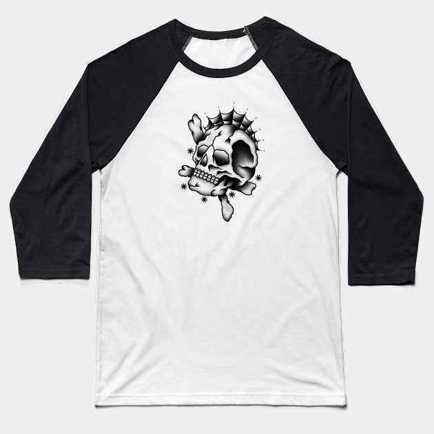 HomeSchoolTattoo Traditional Skull & Spiderweb Baseball T-Shirt by HomeSchoolTattoo